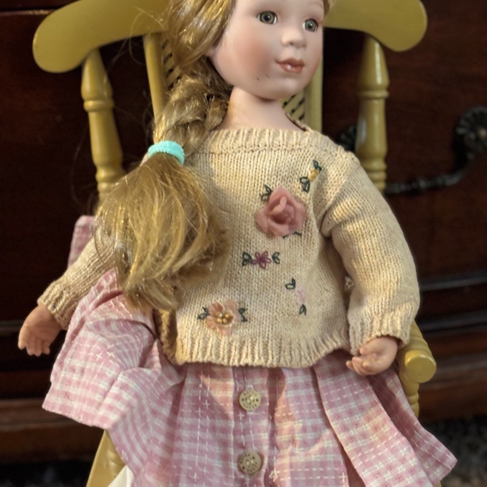 Handcrafted Doll with Floral Sweater and Pink Skirt